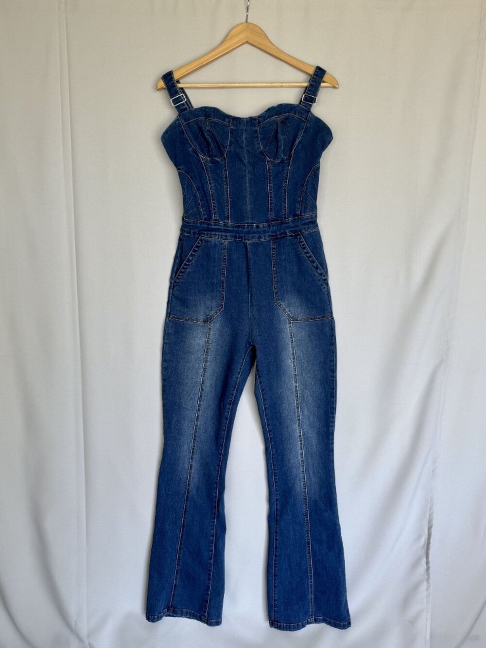 Bebe Blue Stretch Denim Sweetheart Corset Strap Flare Leg Jumpsuit Size 12 Tall